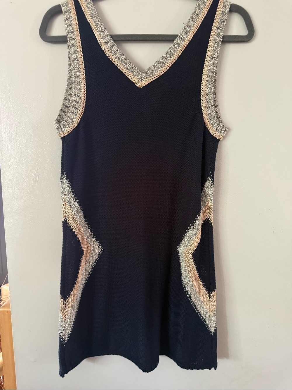 Vtg Cleo Petites Navy Knit Sleeveless Chevron Trim Sweater Dress Size M